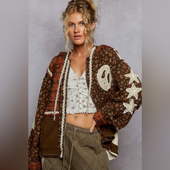 🌺LAST ONE🌺 POL Brown Star & Peace Patch Floral mix Hoodie Jacket Relaxed Fit - Picture 7 of 9